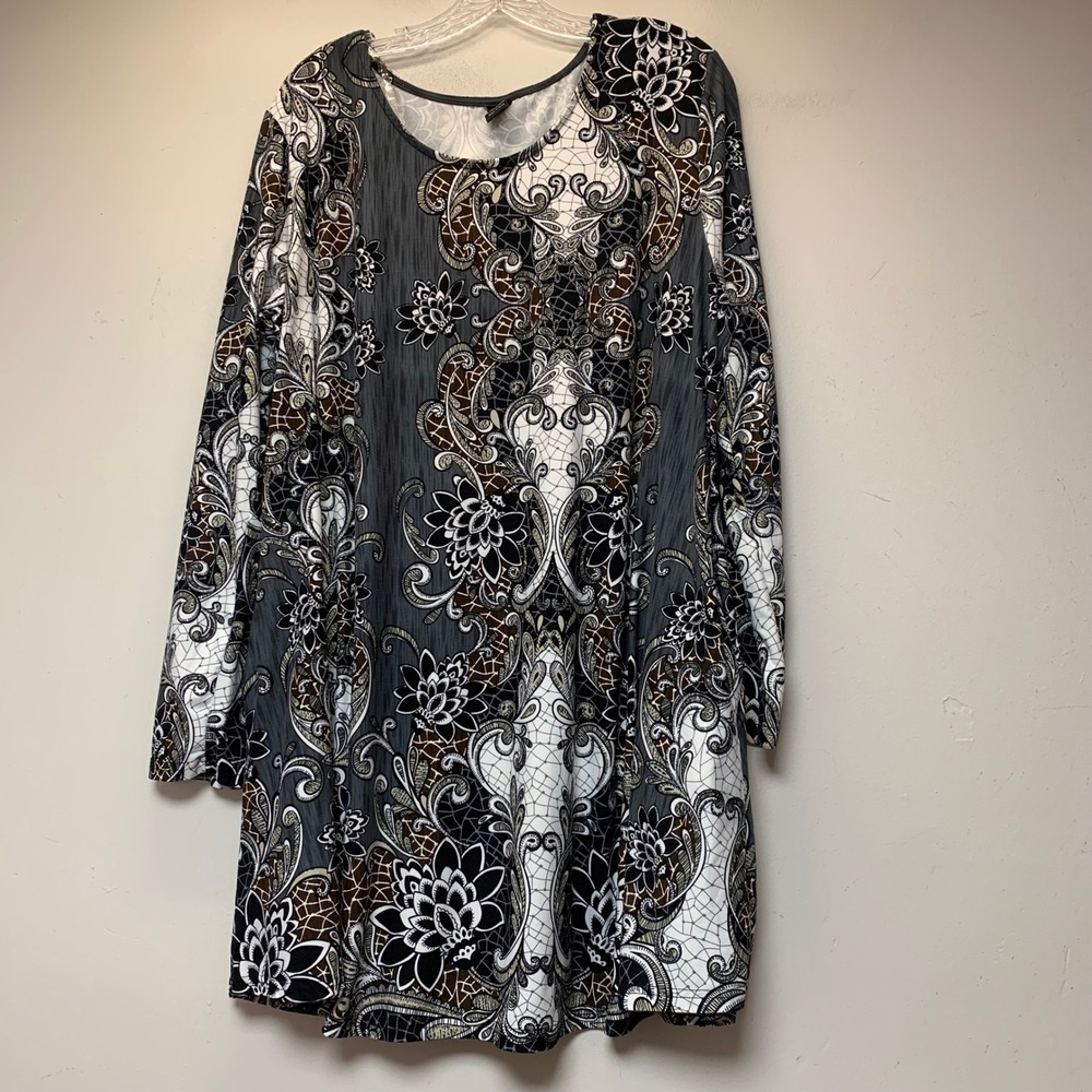 Lildy Swing Tunic Women 2XL-3XL Gray Paisley Excellent Long Sleeve Pocket Print